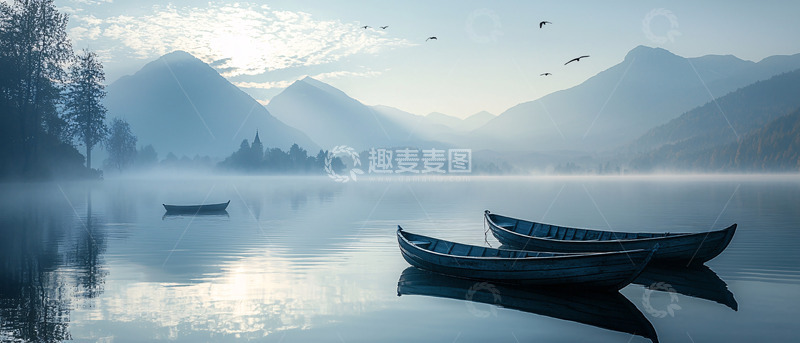 高清大图下载【趣麦麦图】宁静湖泊晨雾山景