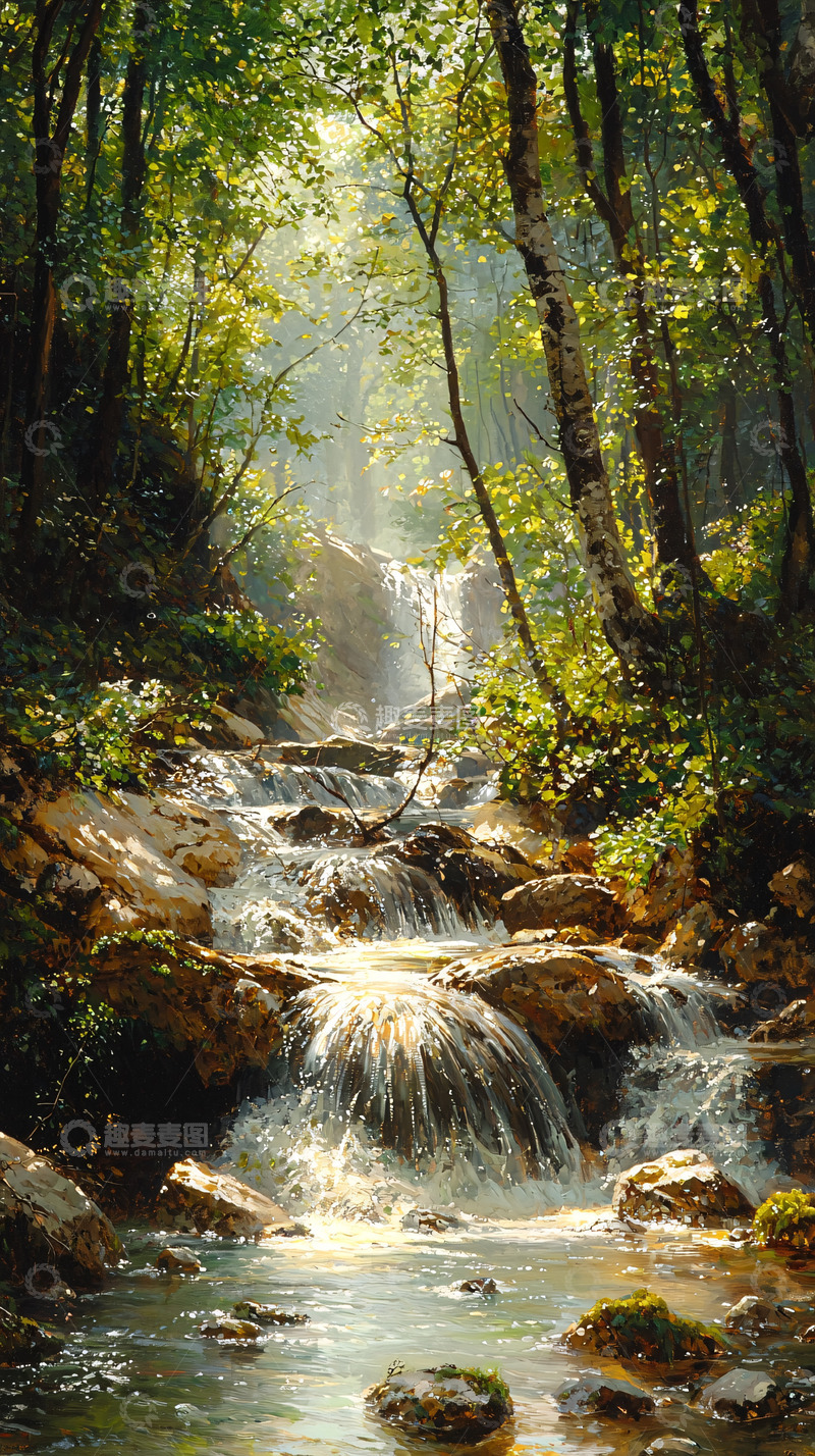 高清大图下载【趣麦麦图】阳光森林溪流瀑布