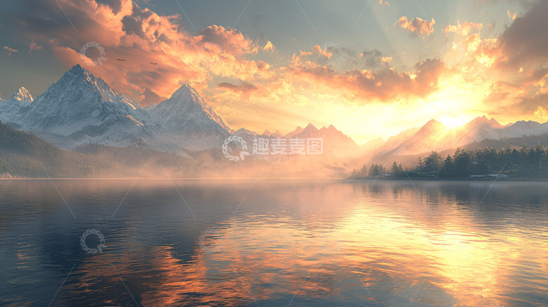 高清大图下载【趣麦麦图】雪山日出湖泊景色