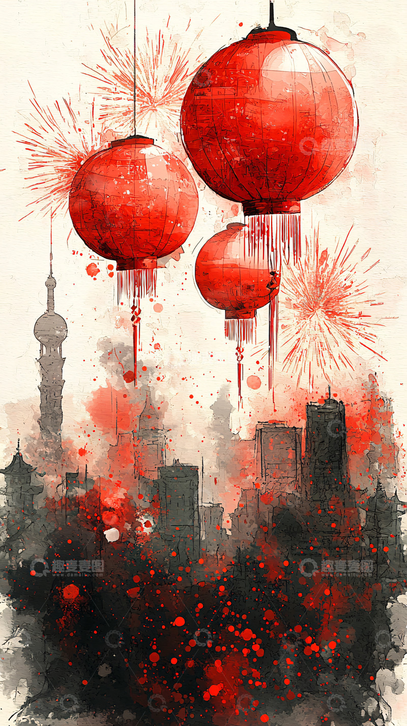 高清大图下载【趣麦麦图】红灯笼城市剪影