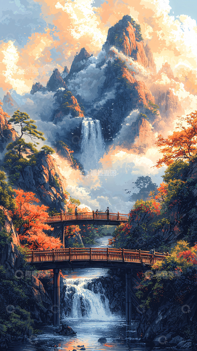 高清大图下载【趣麦麦图】仙境山水瀑布桥