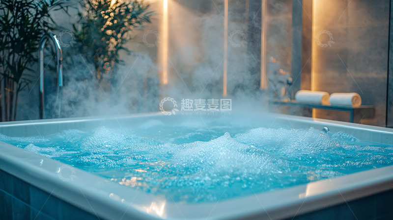 高清大图下载【趣麦麦图】蒸汽氤氲的室内按摩浴缸