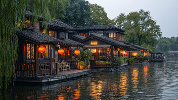 水边中式建筑群夜景