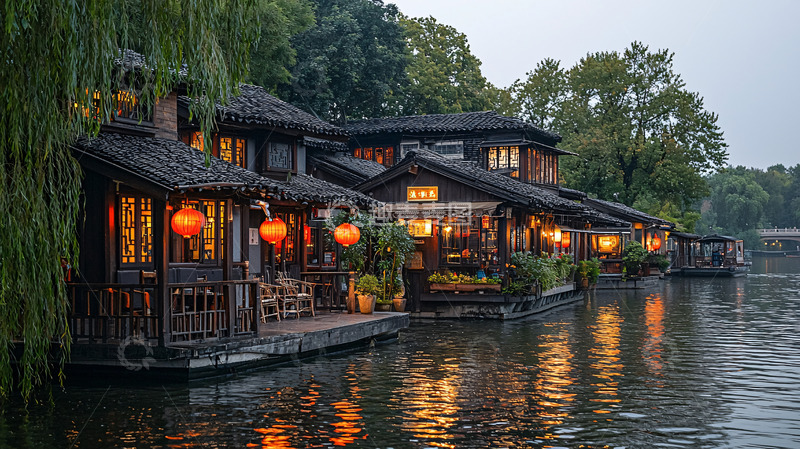 高清大图下载【趣麦麦图】水边中式建筑群夜景