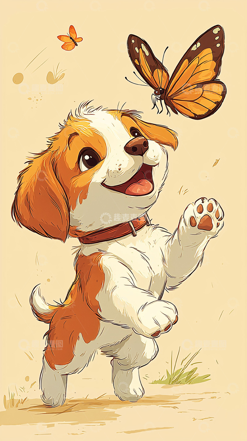 高清大图下载【趣麦麦图】小狗追逐蝴蝶的卡通画