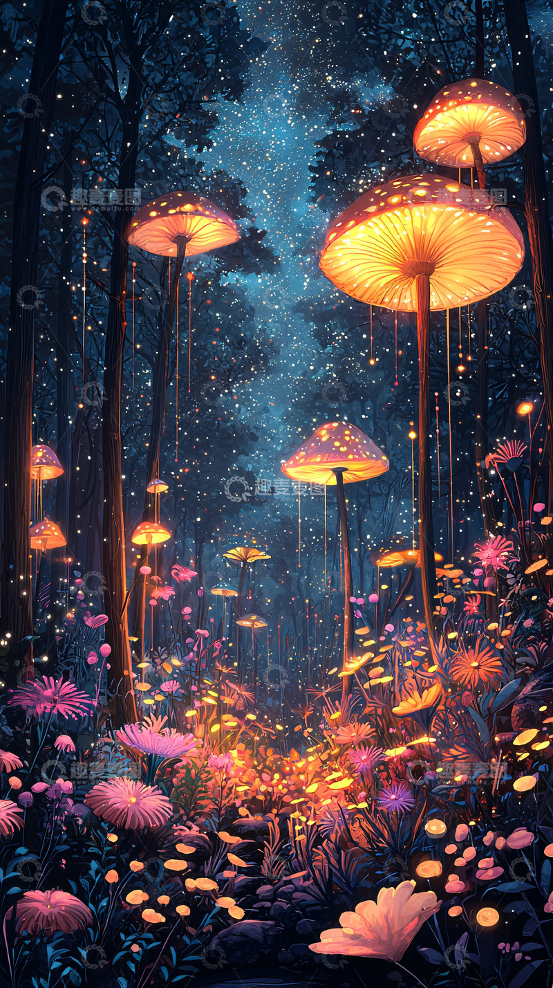 高清大图下载【趣麦麦图】梦幻森林发光蘑菇