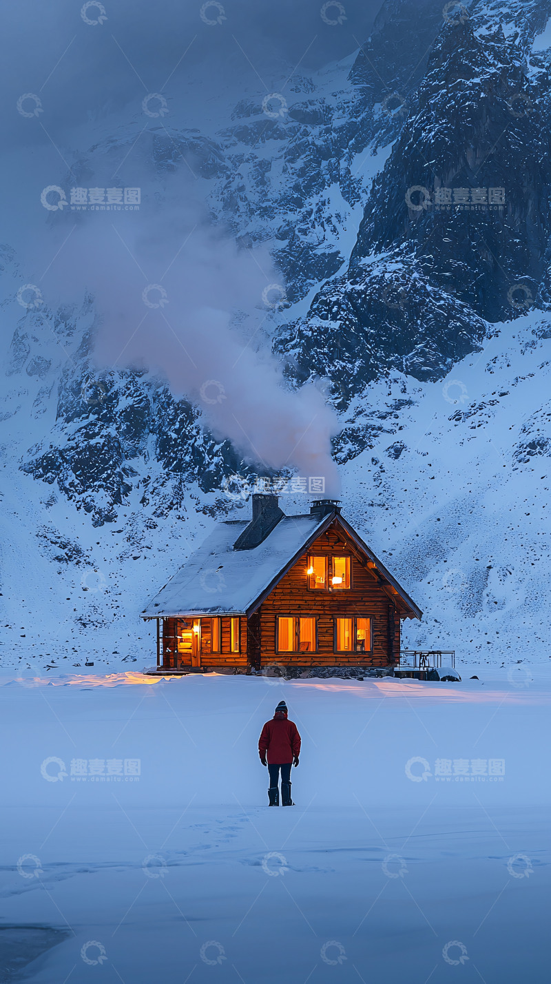 高清大图下载【趣麦麦图】雪山小屋中的温暖灯光