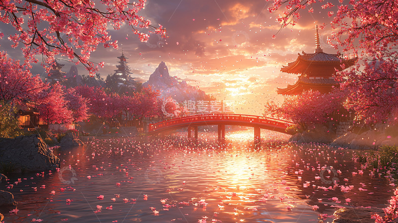 高清大图下载【趣麦麦图】唯美日落樱花景色