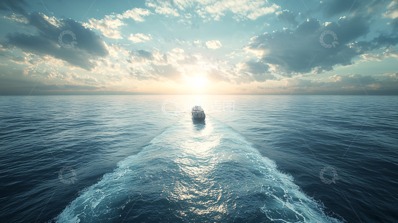 高清大图下载【趣麦麦图】航行中的船只与大海日落