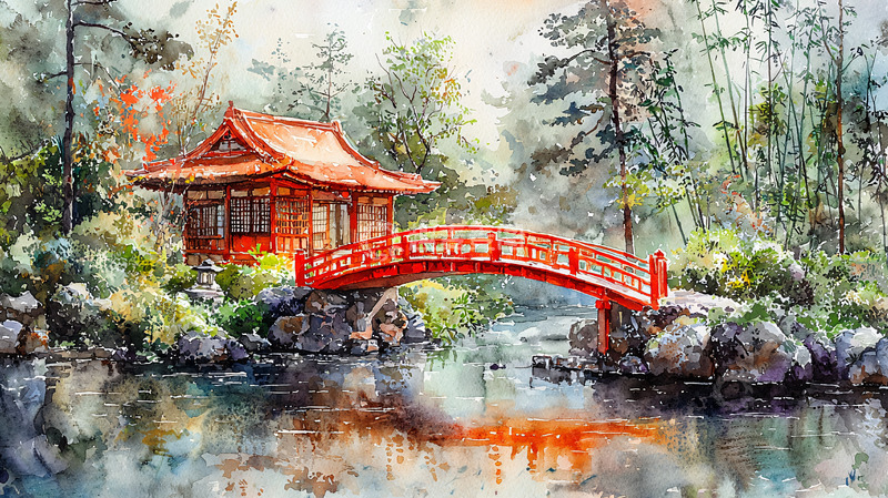 高清大图下载【趣麦麦图】水边红色亭台桥梁风景