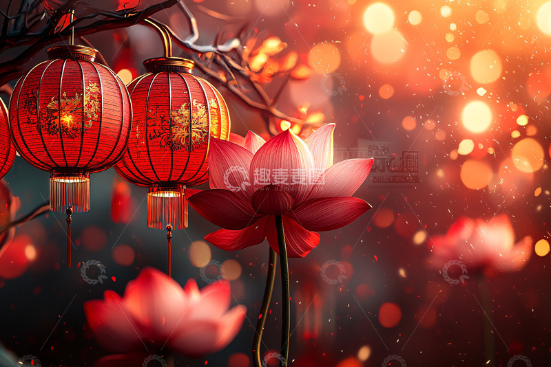 高清大图下载【趣麦麦图】红灯笼莲花意境图