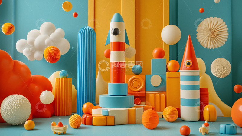 高清大图下载【趣麦麦图】蓝色橙色火箭儿童玩具