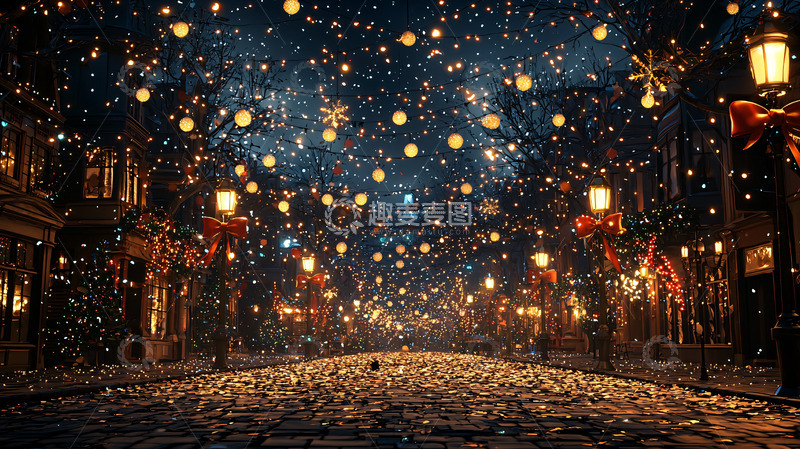 高清大图下载【趣麦麦图】冬夜雪景街道灯火璀璨