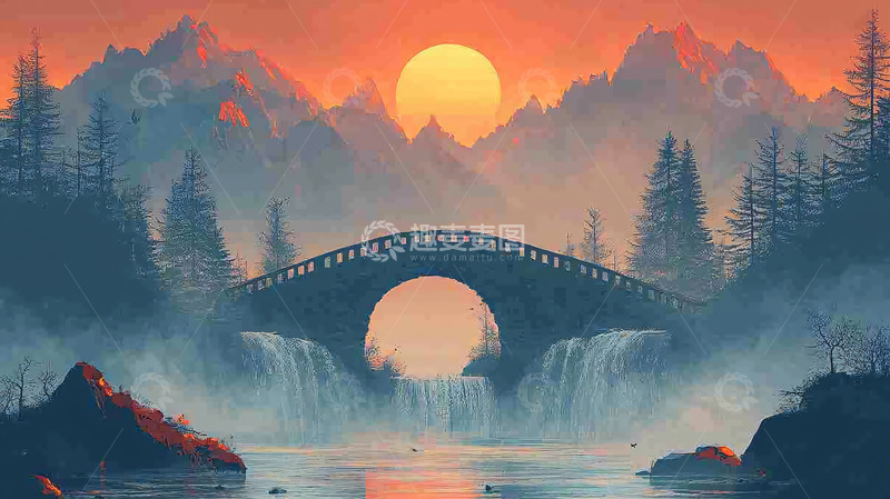 高清大图下载【趣麦麦图】日落山谷石桥瀑布