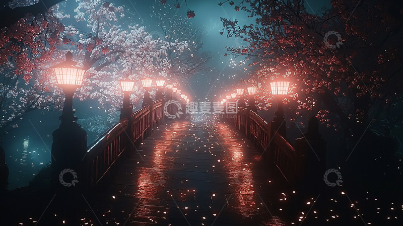 高清大图下载【趣麦麦图】夜晚樱花桥