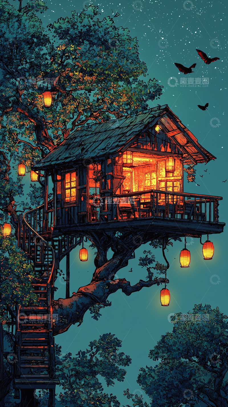 高清大图下载【趣麦麦图】夜晚树屋