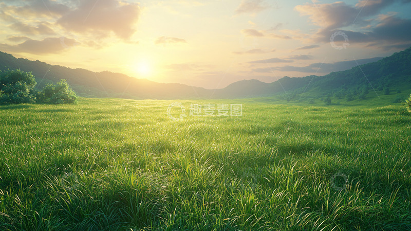 高清大图下载【趣麦麦图】青草地日出山景