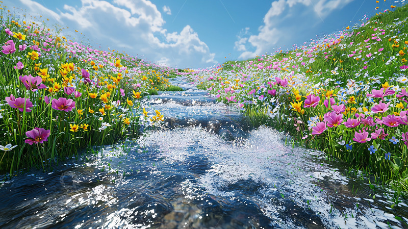 高清大图下载【趣麦麦图】山间溪流花海