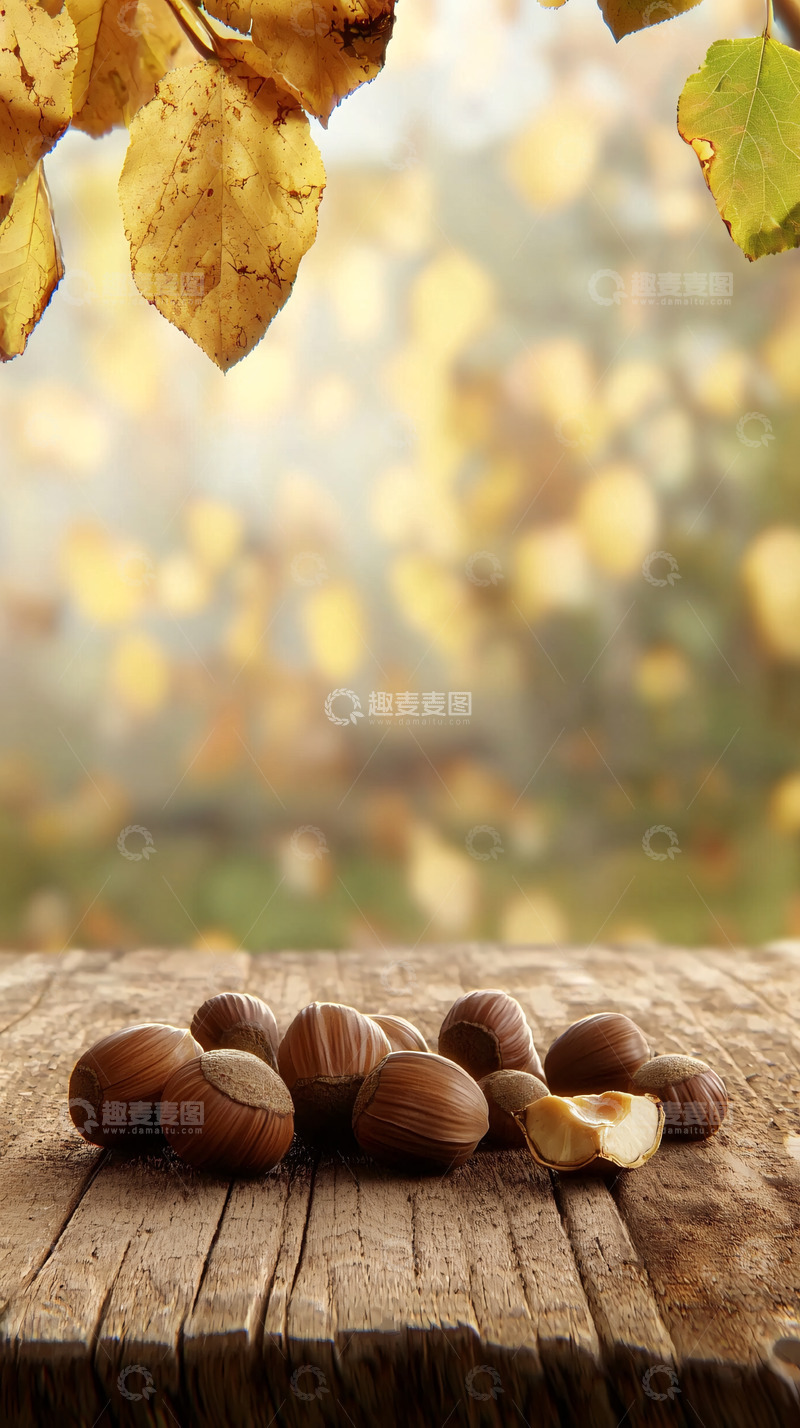 高清大图下载【趣麦麦图】秋日木桌上几颗榛子