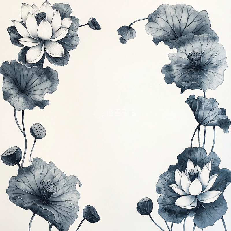 高清大图下载【趣麦麦图】水墨荷花边框