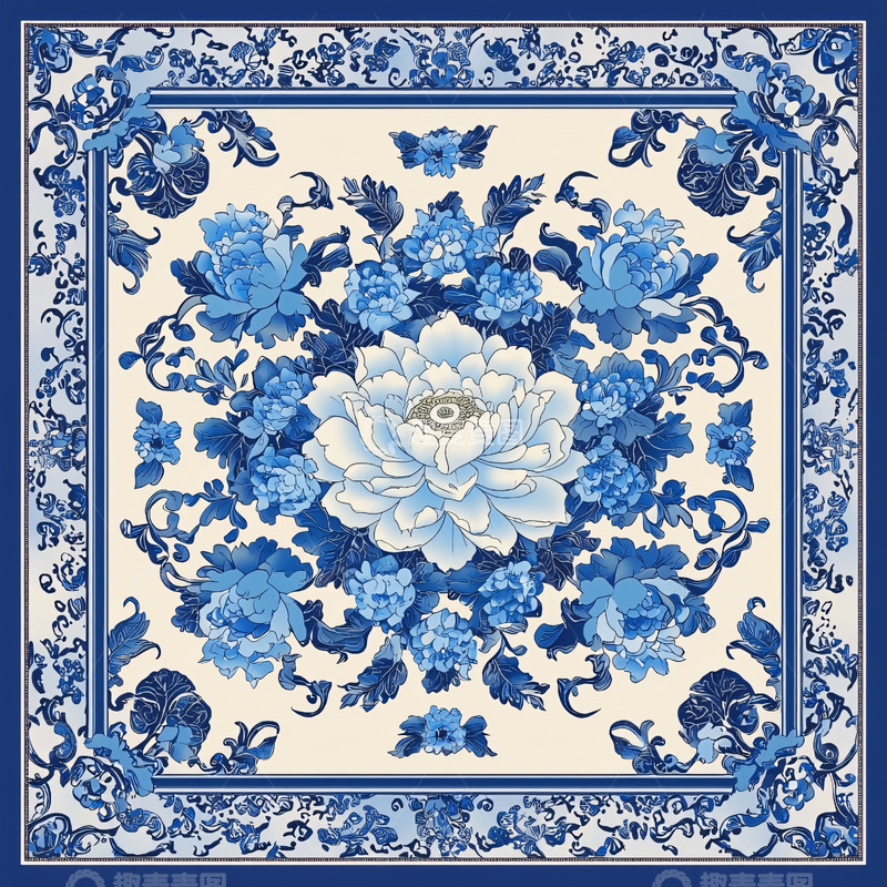 高清大图下载【趣麦麦图】青花瓷风格花卉图案