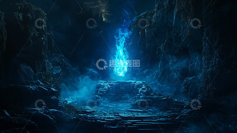 高清大图下载【趣麦麦图】黑暗洞穴蓝色火焰