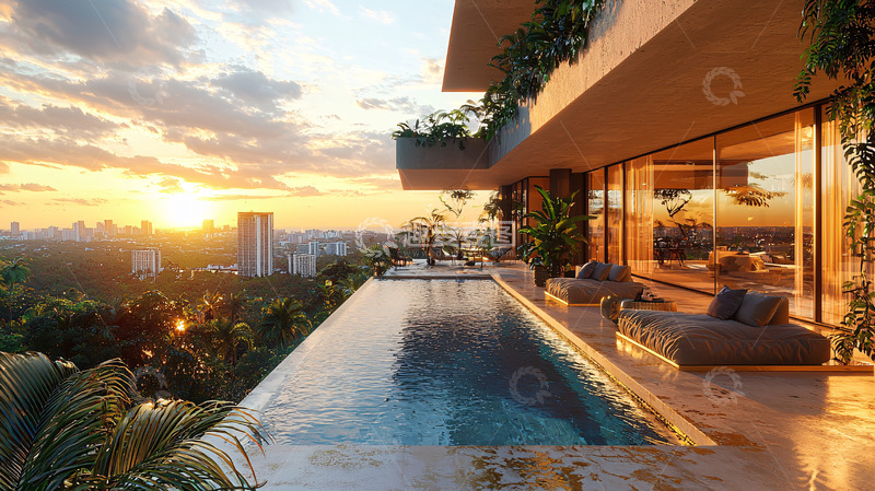 高清大图下载【趣麦麦图】日落景观无边泳池豪宅