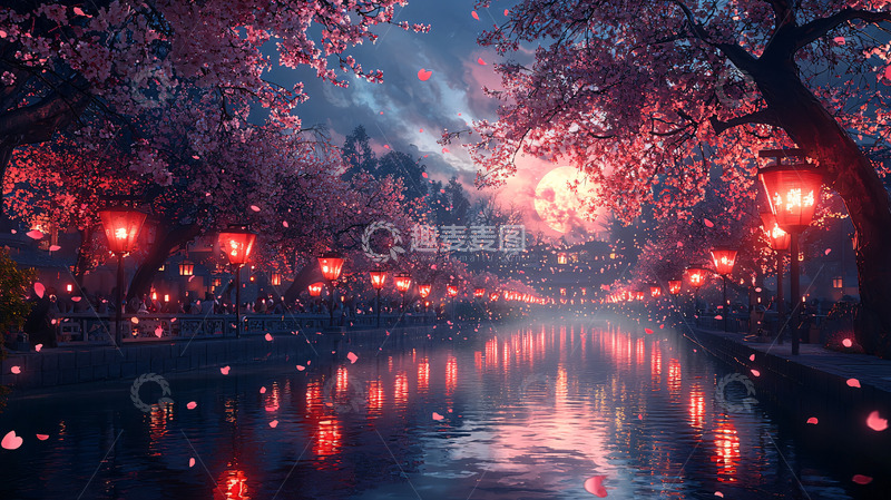 高清大图下载【趣麦麦图】梦幻樱花河畔夜景