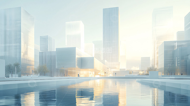 高清大图下载【趣麦麦图】朦胧光影下的现代都市建筑群