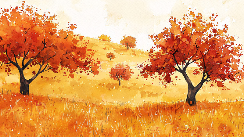 高清大图下载【趣麦麦图】秋季树林水彩画