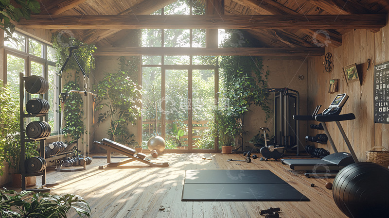 高清大图下载【趣麦麦图】阳光洒进木质健身房