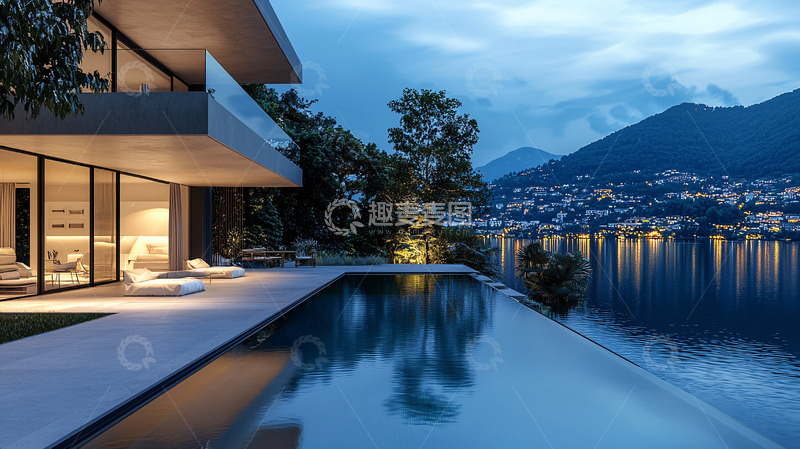 高清大图下载【趣麦麦图】现代湖景别墅夜景
