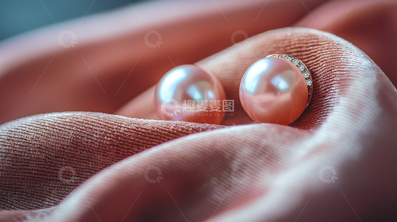 高清大图下载【趣麦麦图】粉色丝绸上的一对珍珠耳环