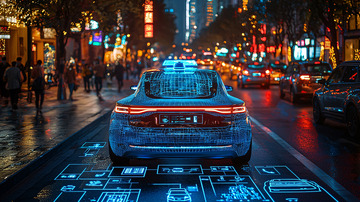 未来城市夜景中的无人驾驶汽车