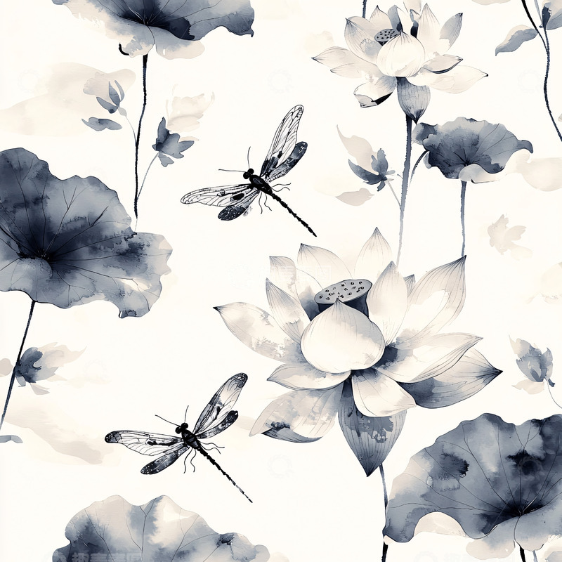 高清大图下载【趣麦麦图】水墨荷花蜻蜓