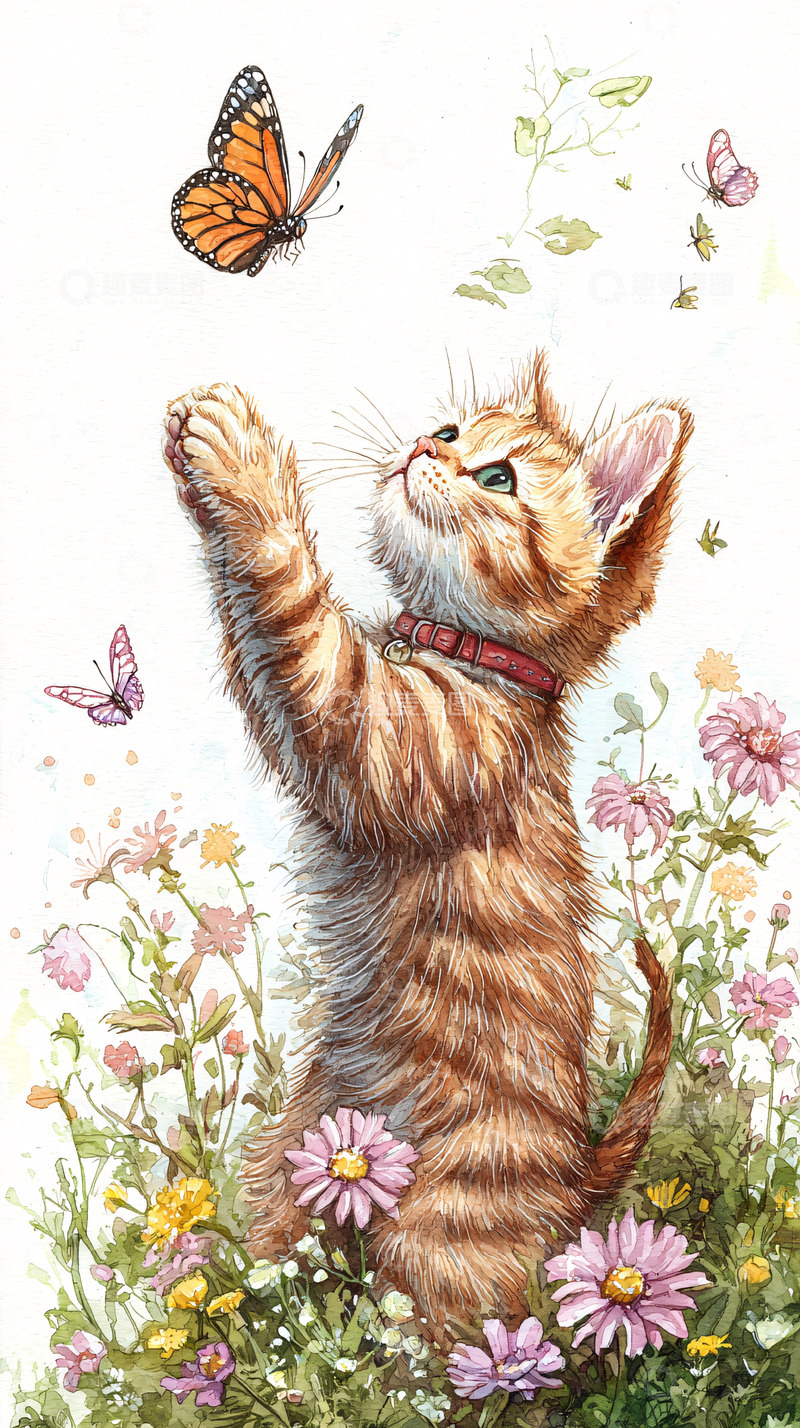 高清大图下载【趣麦麦图】小猫与蝴蝶嬉戏