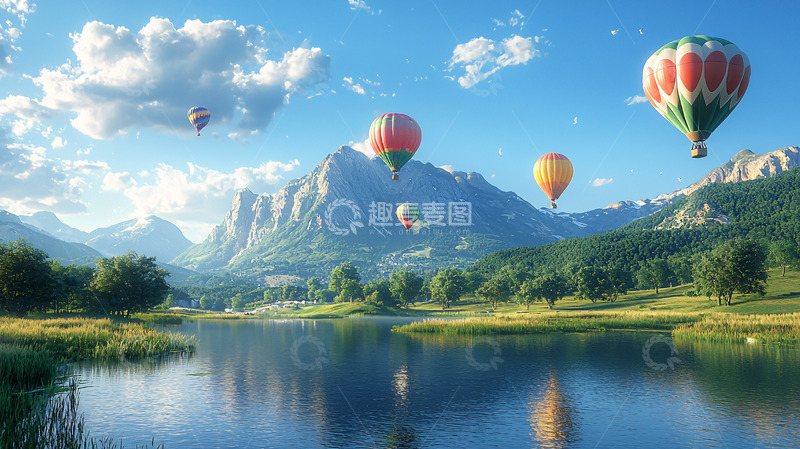 高清大图下载【趣麦麦图】热气球飞跃山峦湖泊