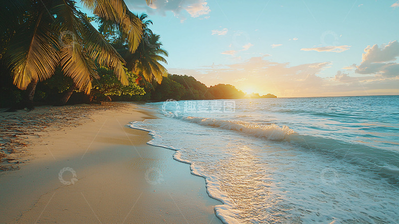 高清大图下载【趣麦麦图】海滩日落椰林景色
