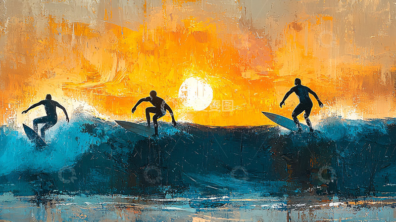 高清大图下载【趣麦麦图】落日余晖下冲浪的人