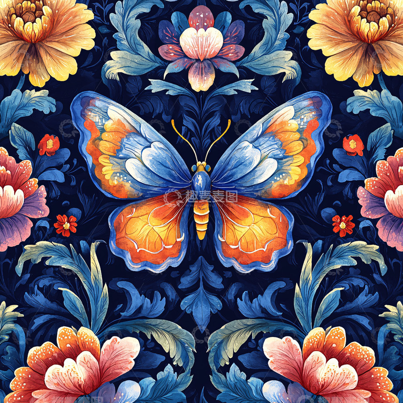 高清大图下载【趣麦麦图】绚丽蝴蝶花卉图案壁纸