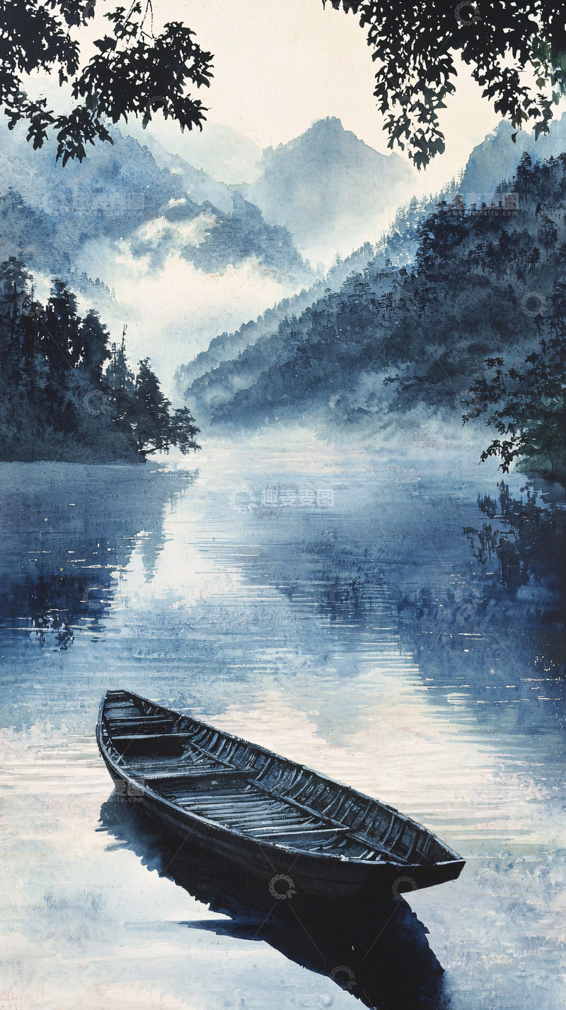 高清大图下载【趣麦麦图】山水湖泊水墨画