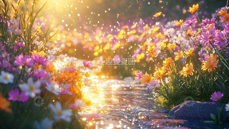 高清大图下载【趣麦麦图】阳光洒在花丛小溪