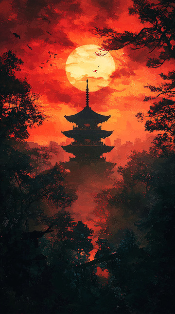 血色夕阳下的日本塔