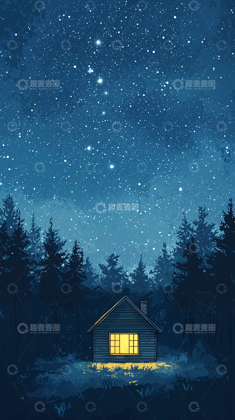 高清大图下载【趣麦麦图】星空下的森林小屋