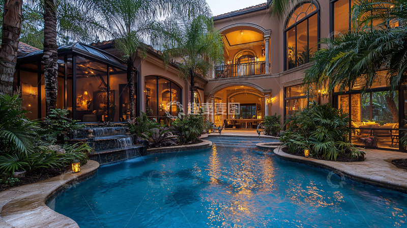 高清大图下载【趣麦麦图】豪华别墅泳池夜景