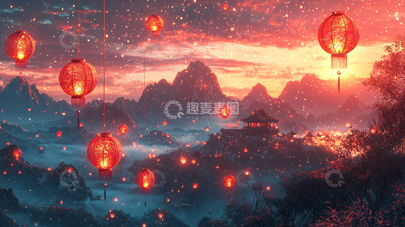 高清大图下载【趣麦麦图】红灯笼山峦日落星空