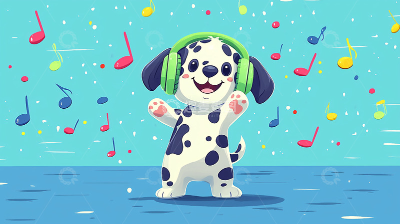 高清大图下载【趣麦麦图】戴耳机跳舞的卡通小狗