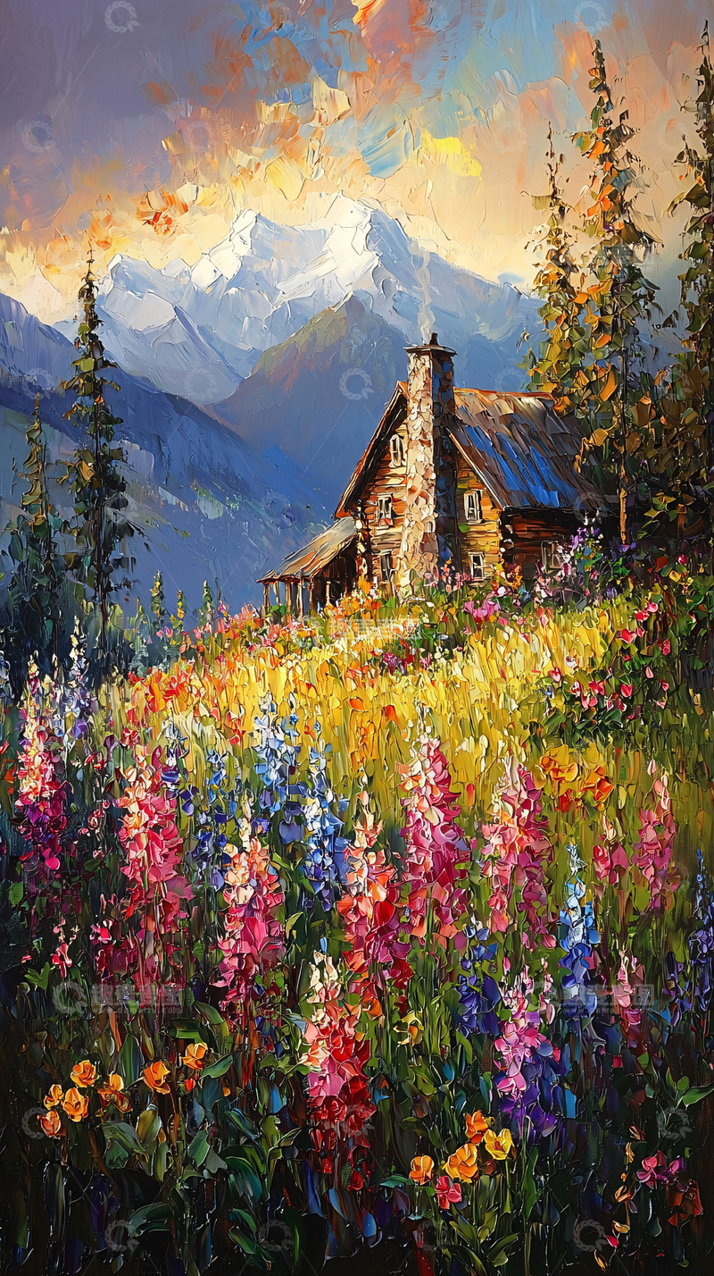 高清大图下载【趣麦麦图】山间小屋鲜花盛开