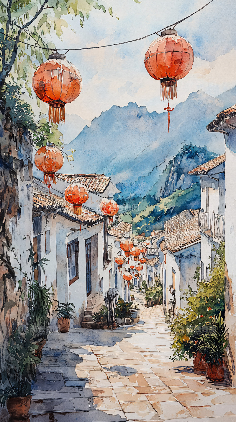 高清大图下载【趣麦麦图】水彩风格的中国小镇街景