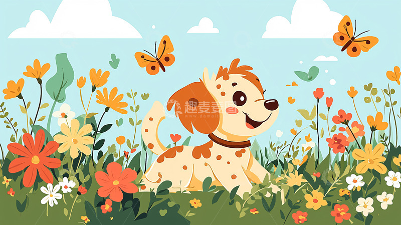 高清大图下载【趣麦麦图】小狗在花丛中玩耍
